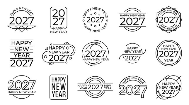 A collection of fifteen creative black and white linear style logo designs for the upcoming happy new year twenty twenty seven