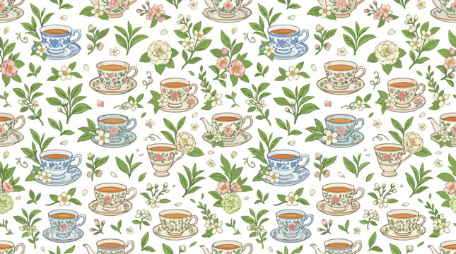 Seamless pattern featuring illustrated teacups and tea leaves on white background