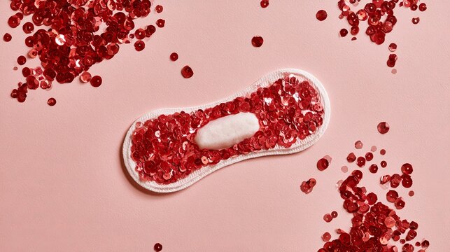 Red menstrual pad featuring scattered ruby gemstones against a soft pink backdrop, symbolizing feminine health and luxury