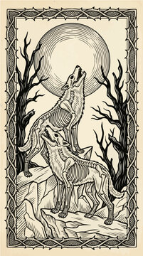 Skeletal Wolves Howling at Full Moon Illustration