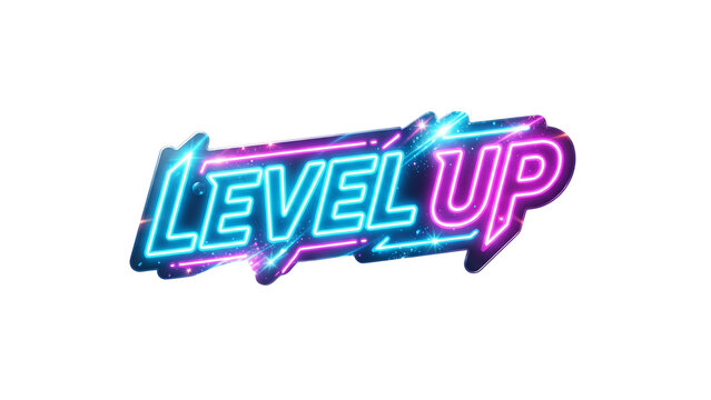 Level up vibrant neon text sign with glowing effects