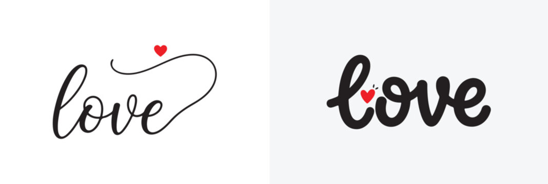 Two decorative typography designs for the word love with small red heart icons