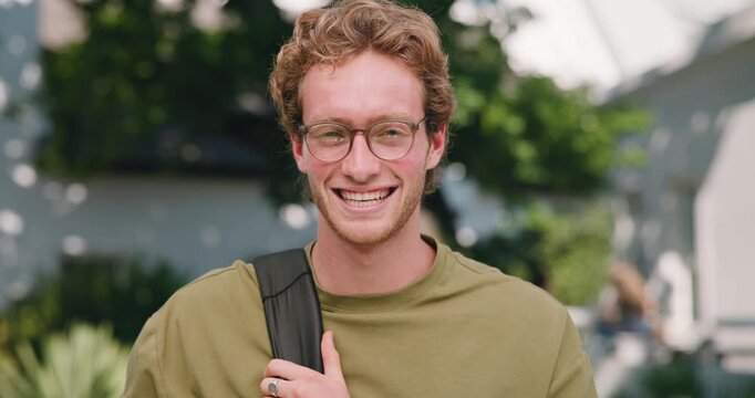 Face, student and man with backpack for university, study opportunity and excited for learning. Portrait, college and happy person with smile, pride and outdoor for education, school and scholarship