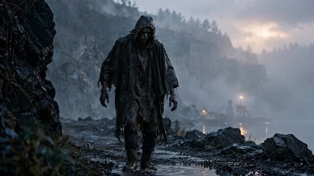 Halloween zombie character walking through a misty rocky landscape at sunset for horror film concept