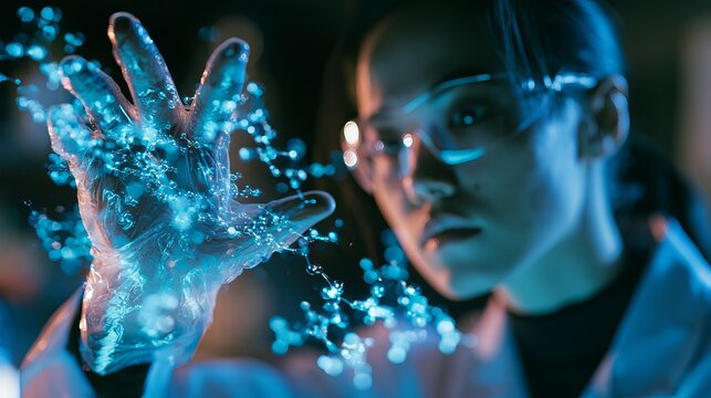 Scientist manipulates glowing particles, representing futuristic technology, innovation, and digital interaction, concept for data visualization