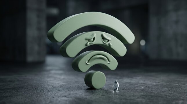 Crying green wifi signal symbol icon on a dark wet textured ground with internet connection technology communication