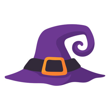 Whimsical purple witch hat with a stylish orange buckle and a curly top for magical Halloween celebrations.
