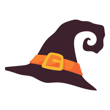 Stylized dark witch hat featuring a bright orange band and golden buckle for Halloween magic and fantasy