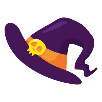 Whimsical purple witch hat with a glowing yellow skull buckle, perfect for spooky Halloween fun