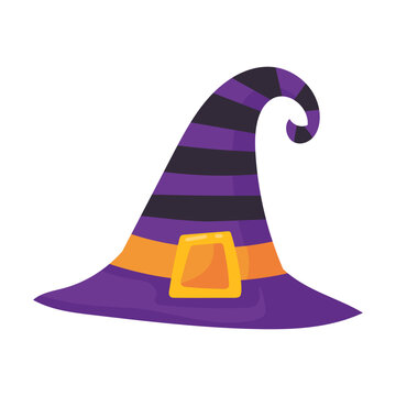 Vibrant striped witch hat with golden buckle, perfect for enchanting Halloween parties and fantasy themes