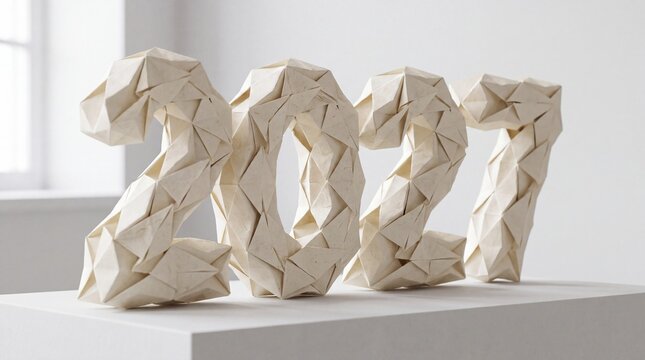 Year 2027 origami numbers photo. Three dimensional paper sculpture displaying the numerals two zero two seven on a white podium. Creative New Year greeting card design element and holiday background