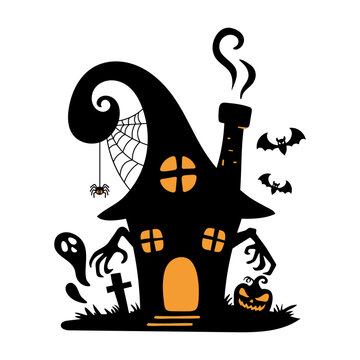 Whimsical haunted house with spooky elements like a ghost, bats, and glowing jack o lantern for Halloween.