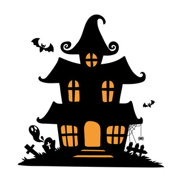 Spooky haunted house silhouette with glowing windows, flying bats, and ghostly graveyard scene for Halloween night.