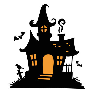 Spooky Halloween Haunted House Silhouette Vector Art with Bats, Crow, and Eerie Glowing Details