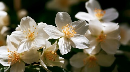 Fototapeta premium White jasmine blossoms with golden stamens bloom softly against a dark blurred background capturing delicate floral beauty in natural light