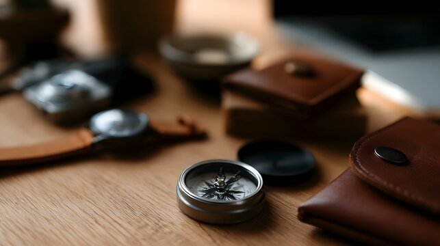 A vintage compass rests on a wooden surface beside leather goods and other travel accessories in warm  soft lighting