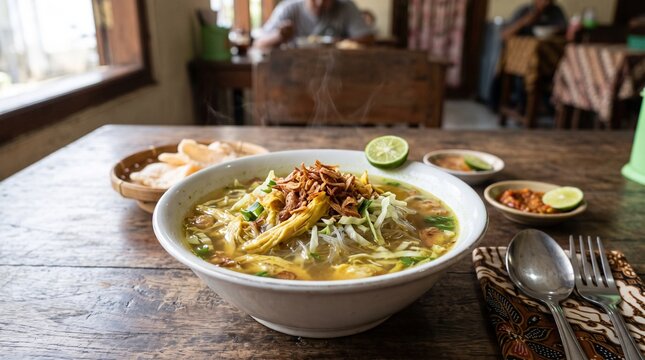 Traditional Indonesian chicken soup Soto Ayam served in a white bowl on a wooden table.