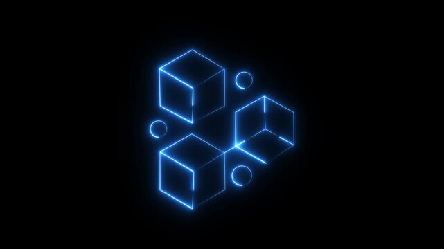 Neon Glowing blue Geometric Cubes Arrangement With Circles on Black Background. Motion Graphic concept. animation