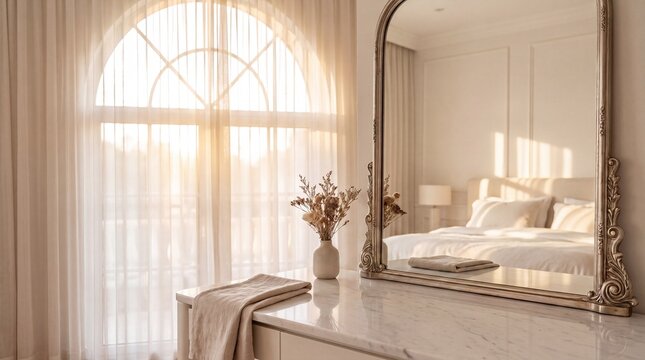 Elegant dressing table with vintage mirror and dried flowers in sunlit bright bedroom