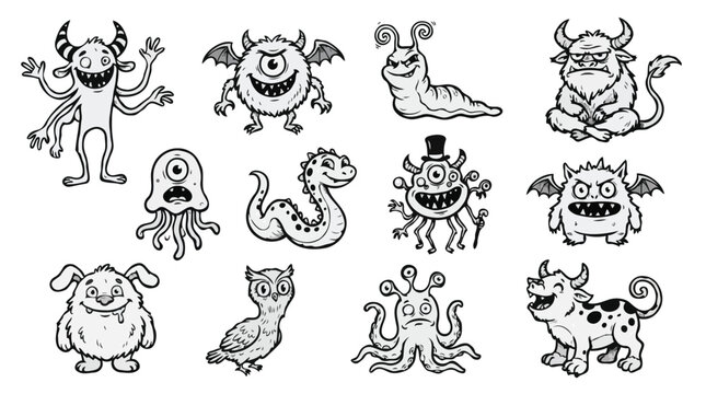 Cute Cartoon Monsters Line Art Vector Character Set