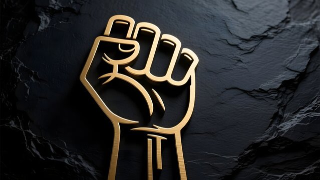 Golden raised fist emblem, power and protest symbol on dark slate background, metallic solidarity icon for social activism