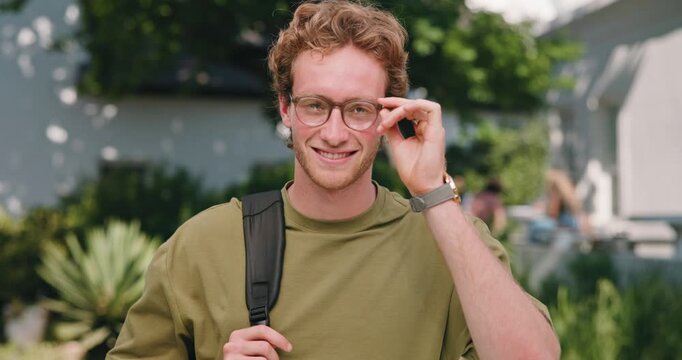 Face, glasses and man with backpack for college, study opportunity and excited for learning. Portrait, university and happy student with smile, pride and vision for education, school and scholarship