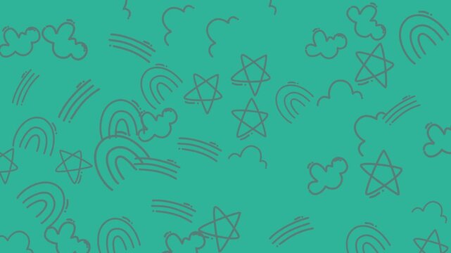 Hand drawn doodle pattern with rainbows and stars on a teal background