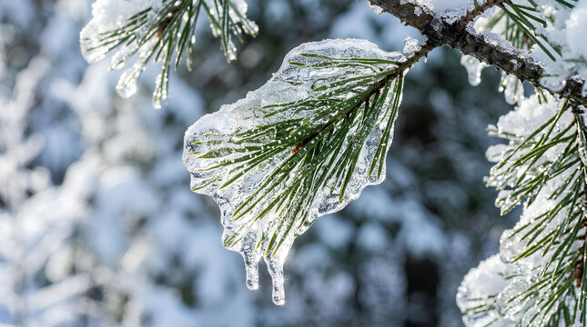 Close Up of Frozen Pine Needles After Ice Storm