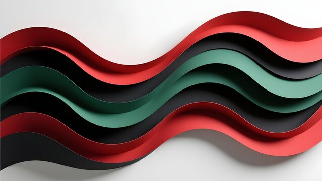 Abstract paper cut background with red black green waves, Pan African flag colors, minimalist modern art layer design