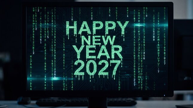 Happy New Year 2027 digital celebration text on futuristic screen with binary code background