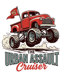 Monster truck vintage illustration. Urban assault cruiser design. Red pickup jump graphic. © panji