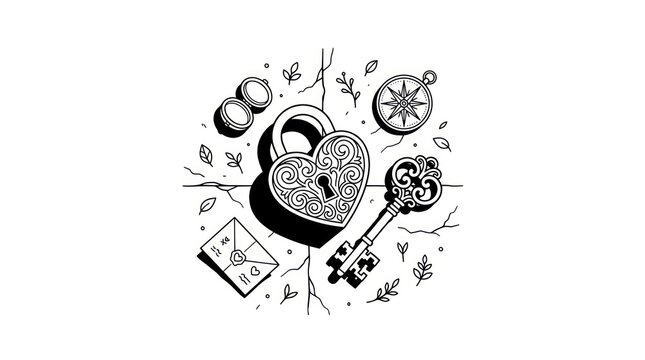 Heart Lock, Key, Wedding Rings, Compass, and Envelope Illustration - Symbolizing Love, Commitment, Adventure, and Secrets