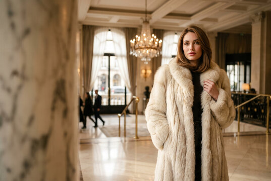 Woman in White Fur Coat Standing in Luxury Hotel Lobby