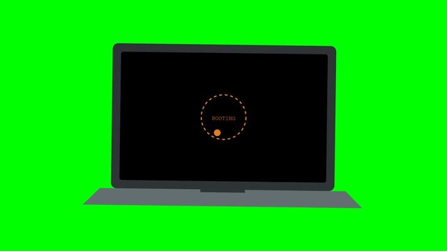 Laptop computer booting up with a circular loading animation and progress indicator on a green screen backdrop for digital technology concepts and software installation
