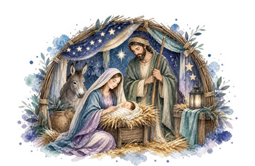 Obraz premium PNG Watercolor nativity scene with Holy Family, donkey, stars