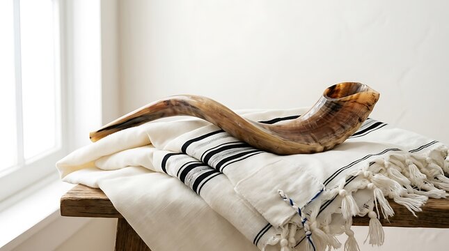 A traditional shofar horn resting on a Jewish prayer shawl on a wooden bench.