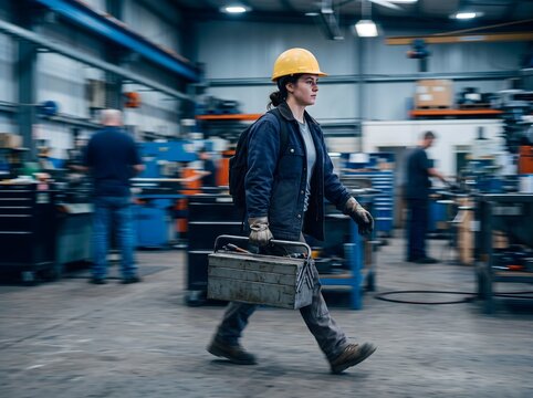 Focused female industrial worker wearing a bright yellow safety helmet carries a heavy metal toolbox across a busy manufacturing floor