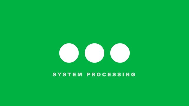 System processing loading bar animation featuring three animated dots moving and merging on a solid green background for digital interface design and technology video projects