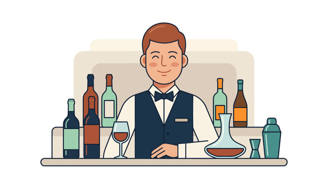Professional bartender character standing behind a bar counter with various bottles.