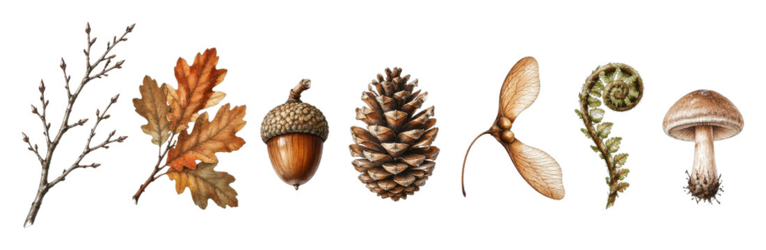 PNG Botanical collection of oak leaves, acorn, pinecone, seed, fern, mushroom