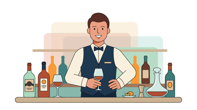 Professional bartender in a vest serving wine at a bar counter.