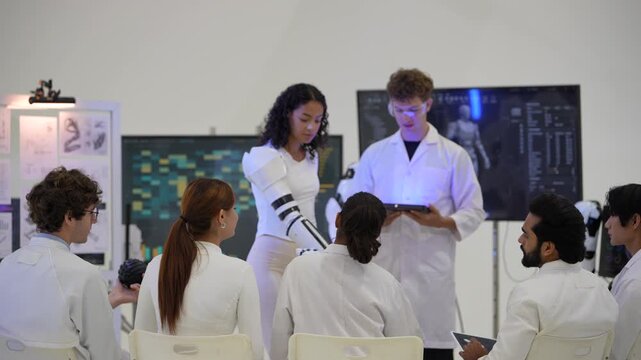 Curly-haired woman in an exoskeleton arm lifts a sensor ball during a live demo for a seated team, colleague with tablet beside her, during a hands-on test, an embodied AI research scene