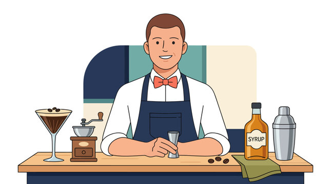 Professional bartender preparing a coffee cocktail behind the bar counter.