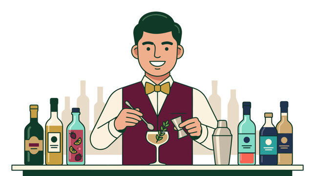 Professional bartender preparing a craft cocktail at the bar counter.
