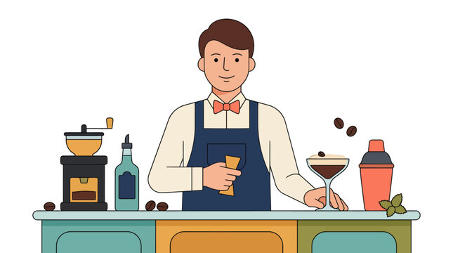 Professional bartender preparing espresso martini cocktail behind the bar counter.