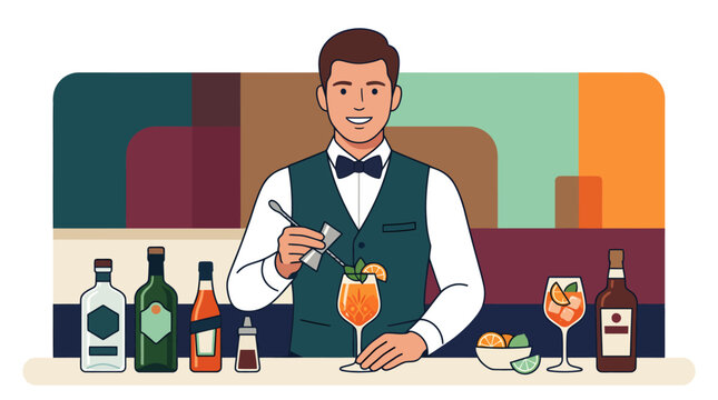 Professional bartender preparing a refreshing orange cocktail at the bar.