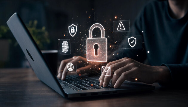 Person typing on laptop with digital cyber padlock and security alert icons isolated on transparent background for data breach protection