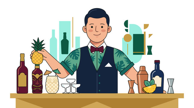 Professional bartender preparing tropical cocktails behind a bar counter.