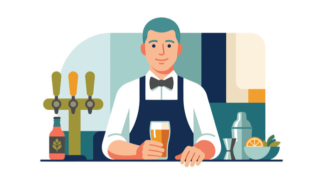 Professional bartender standing behind bar counter holding a glass of beer.