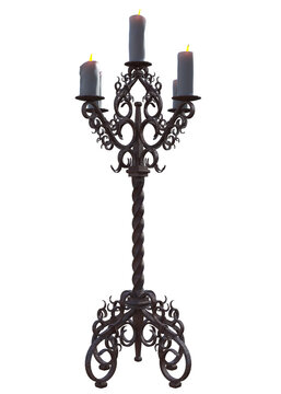 An intricate twisted metal candelabrum holding 5 white candles burning. 3D illustration on transparent background. 